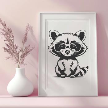 A cute racoon character wearing glasses in a simple vector design.
