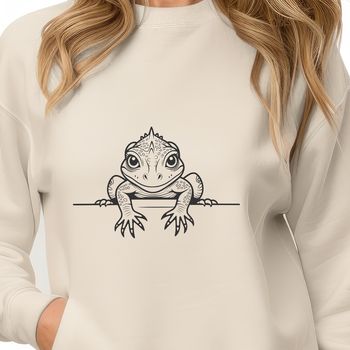 A detailed illustration of a reptile lizard peeking out from behind a rock.