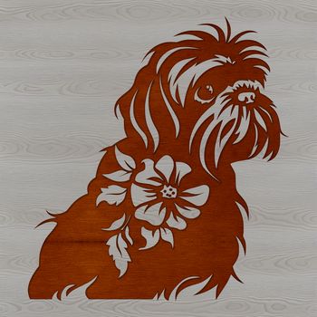 A small breed dog's head with a floral pattern.