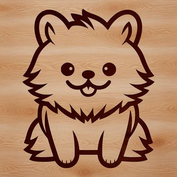 A simple line drawing of a small seated dog breed, identified as a Pomeranian.