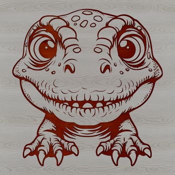 A prehistoric baby dinosaur, the t rex, peeking out from behind its head.