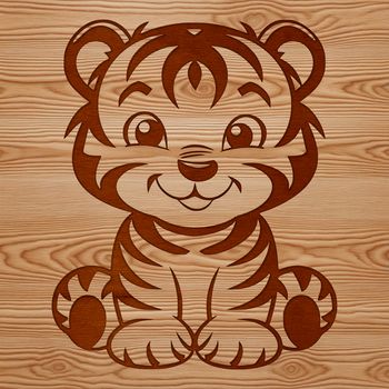 A sitting tiger with vibrant stripes in various colors.