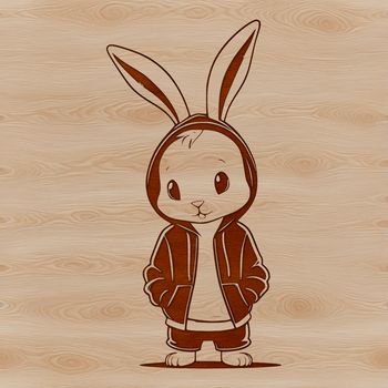 A cartoon rabbit wearing a hooded sweatshirt stands in front of a plain background.