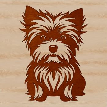 A small breed dog with a distinctive coat pattern, sitting on its haunches.