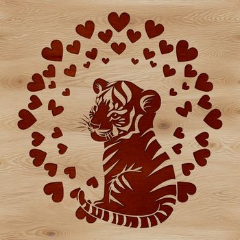 A stylized vector illustration of a cute tiger sitting with love hearts surrounding its body.