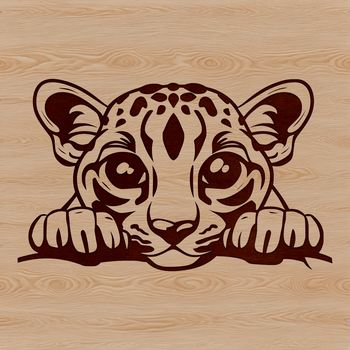 A wild ocelot's head peeking out from behind a tree, illustrated as a vector graphic.