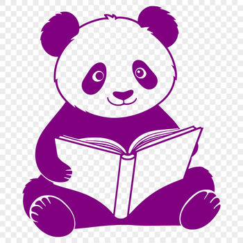 A cartoon illustration of a panda bear sitting on the ground, reading a book with a peaceful expression.