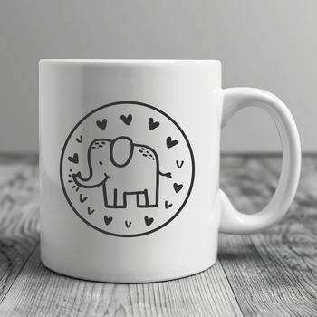A simple line drawing of a standing elephant with love hearts, depicted in a cute and playful style.