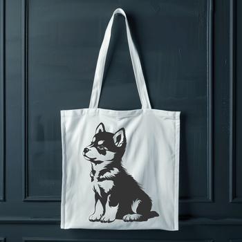 A stylized illustration of a full-body husky dog sitting on its haunches.