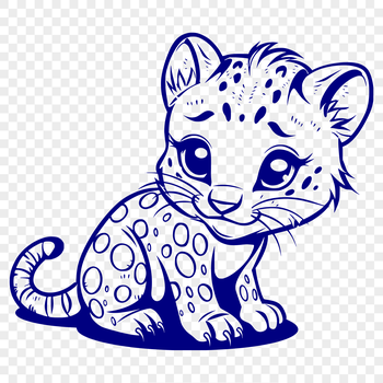 A sitting big cat with a rounded face and pointed ears, seen in full body pose.