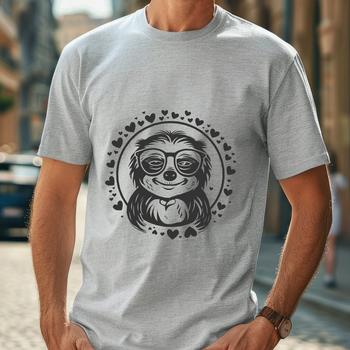 A cartoon sloth wearing glasses and surrounded by love hearts.