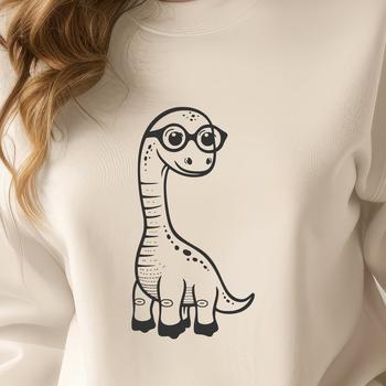 A small Brachiosaurus dinosaur with glasses standing on its hind legs.