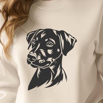 A realistic illustration of a Doberman Pinscher's head, suitable for vector design.