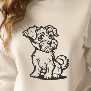 A close-up illustration of a miniature schnauzer in full body pose, sitting with its front paws tucked under its chest.
