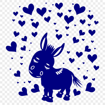 A colorful cartoon donkey standing upright on four legs with love hearts surrounding its body.
