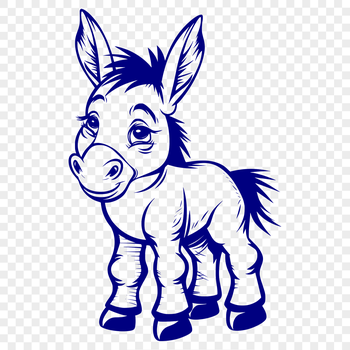 Donkey standing upright on four legs in a full-body pose.