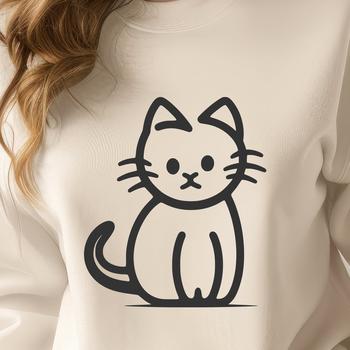 A simple line drawing of a cute cat in full body pose, sitting on the floor.