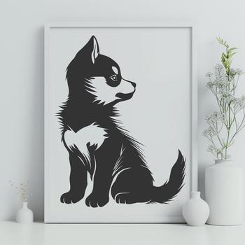 A full-body illustration of a sitting husky dog in a simple design.