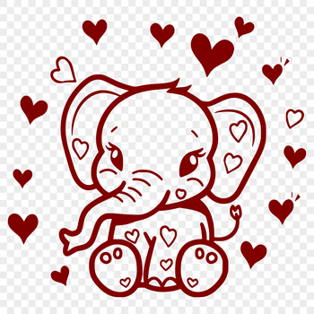 An elephant sitting on its hind legs, with a full body design featuring love hearts scattered across the illustration.