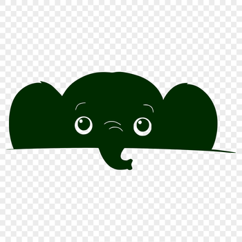 An illustration of a large elephant's head peeking out from behind foliage.
