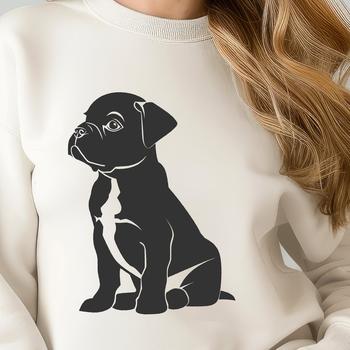 A full-body illustration of a playful Boxer breed dog in a sitting position.