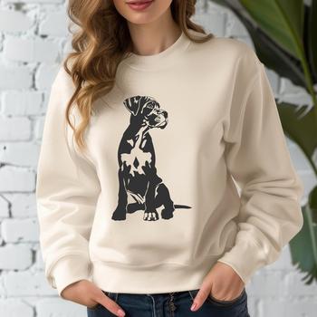 A full-body illustration of a large breed dog sitting on its haunches.