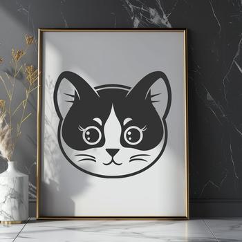 A cute cartoon kitten's head with simple lines and shapes, suitable for vector design.