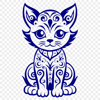 A cute cartoon kitten sitting on its haunches, with ornate details and bold lines.