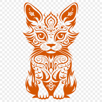 A cute cartoon kitten sitting on the floor in full body view with ornate details.