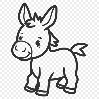 A simple line drawing of a standing donkey in full body view.