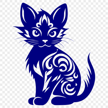 A small, sitting cat with ornate details in full body view.