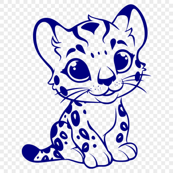 A sitting big cat with distinctive markings and a rounded face.