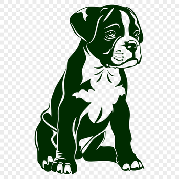 A realistic illustration of a seated Boxer dog breed in profile.