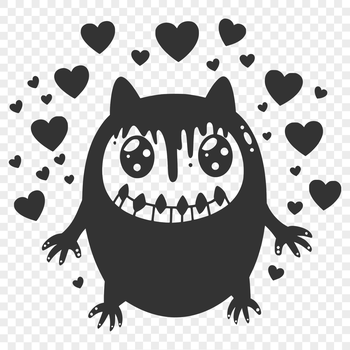 A colorful illustration of a cute monster surrounded by love hearts.