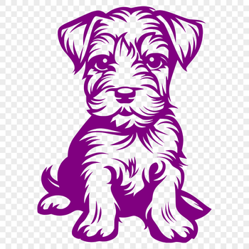 A full-body illustration of a sitting miniature dog with distinctive facial features and wiry coat.
