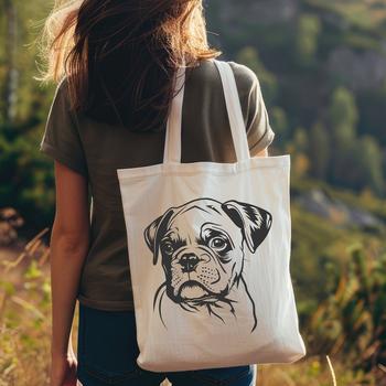 A stylized illustration of a boxer dog's head with its distinctive markings.