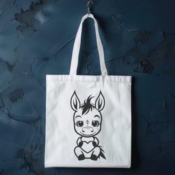 A full-body illustration of a donkey sitting on the ground, with heart symbols surrounding it.