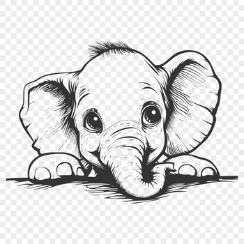 A stylized illustration of a large elephant's head peeking out from behind foliage.