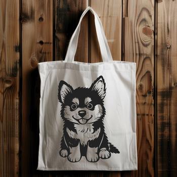 An adorable Husky breed dog sitting on its haunches with a detailed fur texture in vector art style.