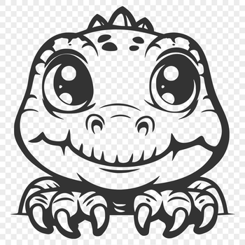 A prehistoric baby dinosaur's head is peeking out from behind a leaf in this SVG vector illustration.