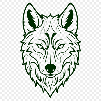 A close-up illustration of a wolf's head with detailed fur texture and sharp facial features.