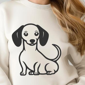 A simple line drawing of a full-body sitting dachshund dog.