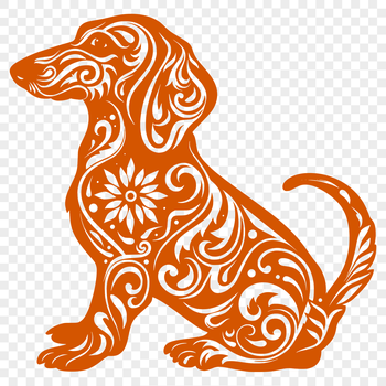 A sitting dachshund with ornate floral patterns surrounding its body.