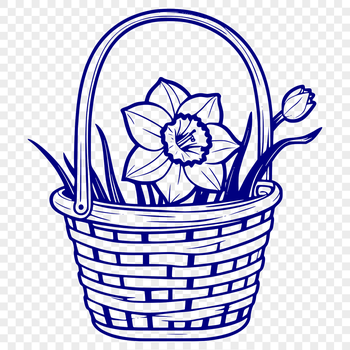 A single white daffodil flower stands upright in a woven basket.