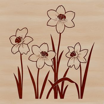 A stylized illustration of a daffodil plant, showcasing its trumpet-shaped bloom and green foliage.