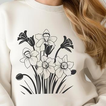 A realistic illustration of a daffodil plant with trumpet-shaped flowers, suitable for design projects.