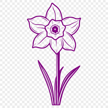 A stylized illustration of a daffodil flower with trumpet-shaped blooms and long green stem.