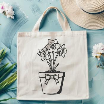 A stylized illustration of a daffodil flower with trumpet-shaped petals and long green stem.