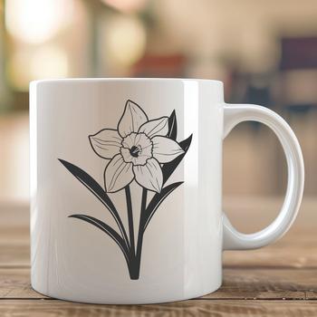A stylized illustration of a single daffodil flower with long, curved stem and trumpet-shaped petals.