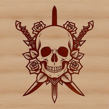 A stylized, ornate skull with a dagger buried in its forehead, surrounded by a rose.